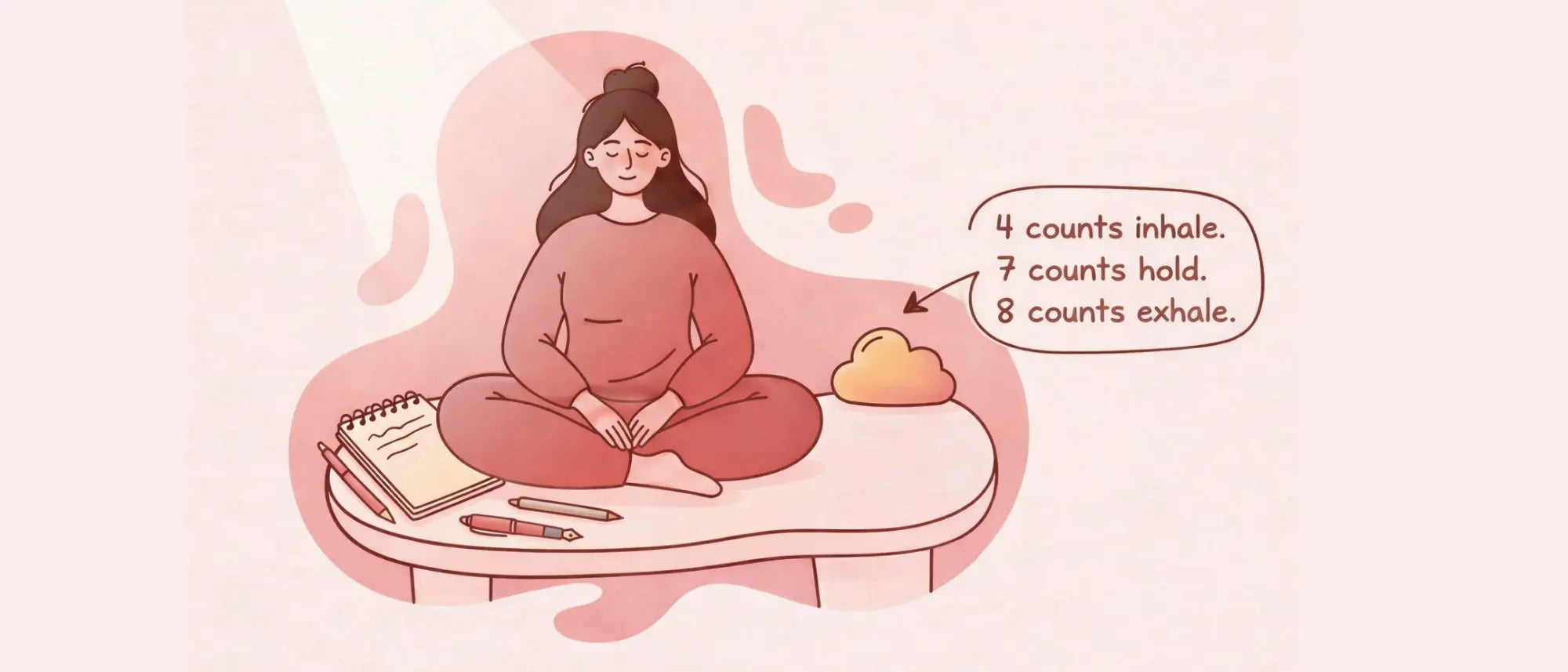 Illustration of a woman in a meditation pose, practising 4-7-8 breathing for managing PMS and menstrual discomfort.