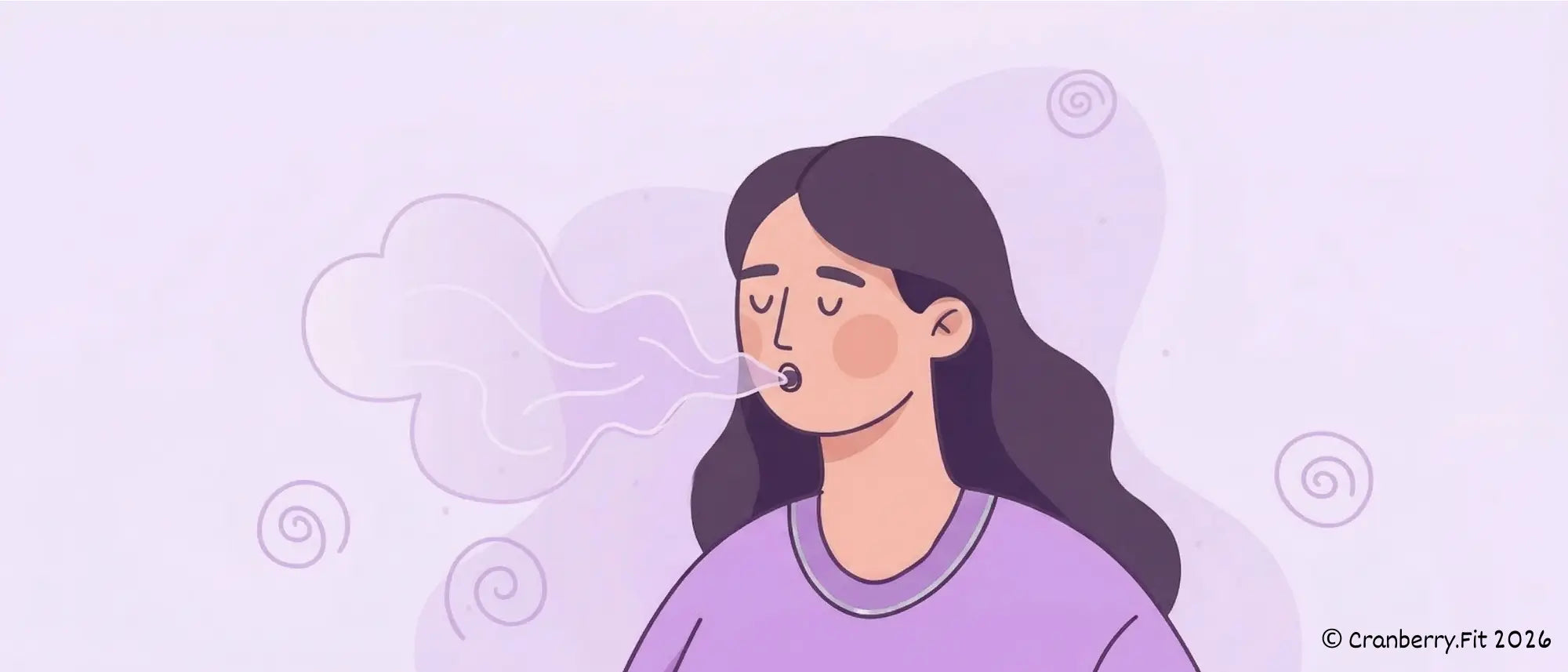 An illustrated woman performing deep inhalation and exhalation. 