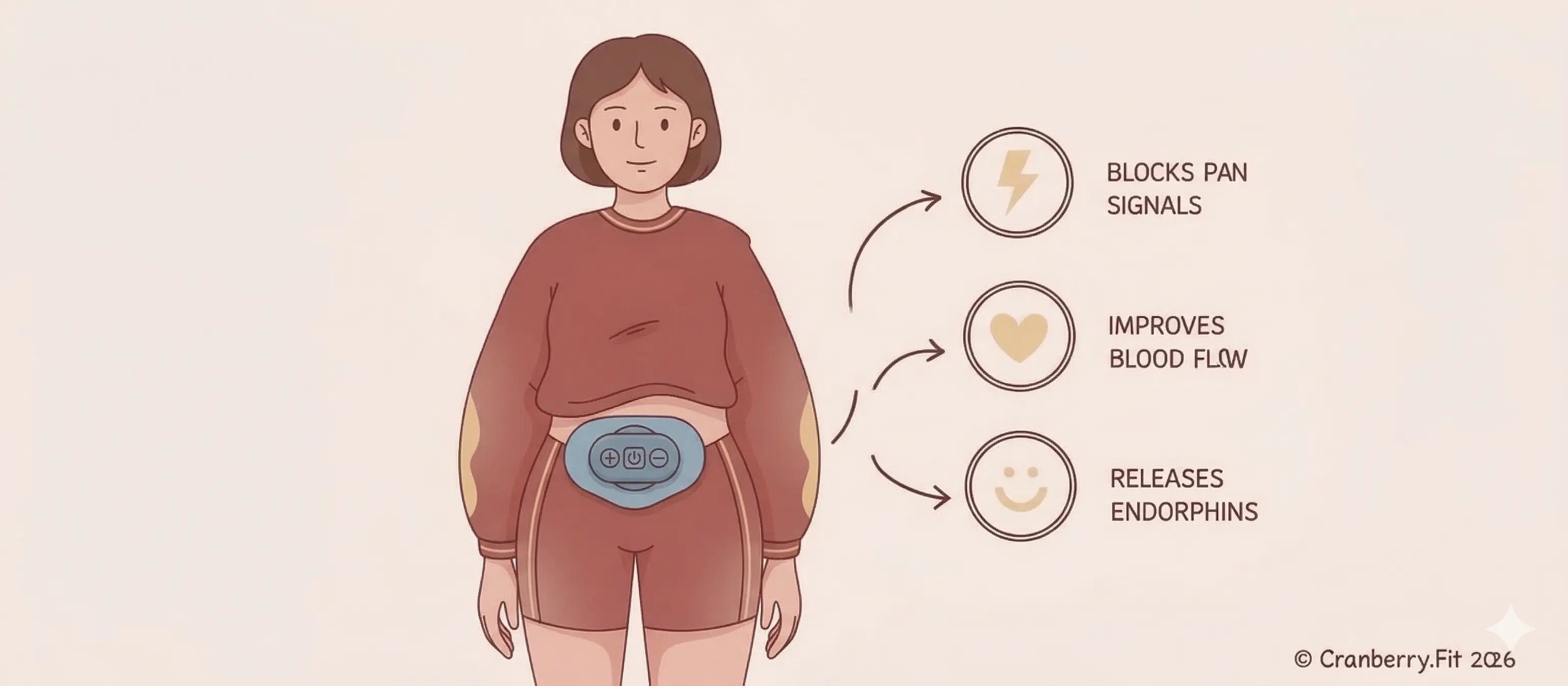 Illustration of a woman using a TENS machine on her abdomen to alleviate menstrual cramps.