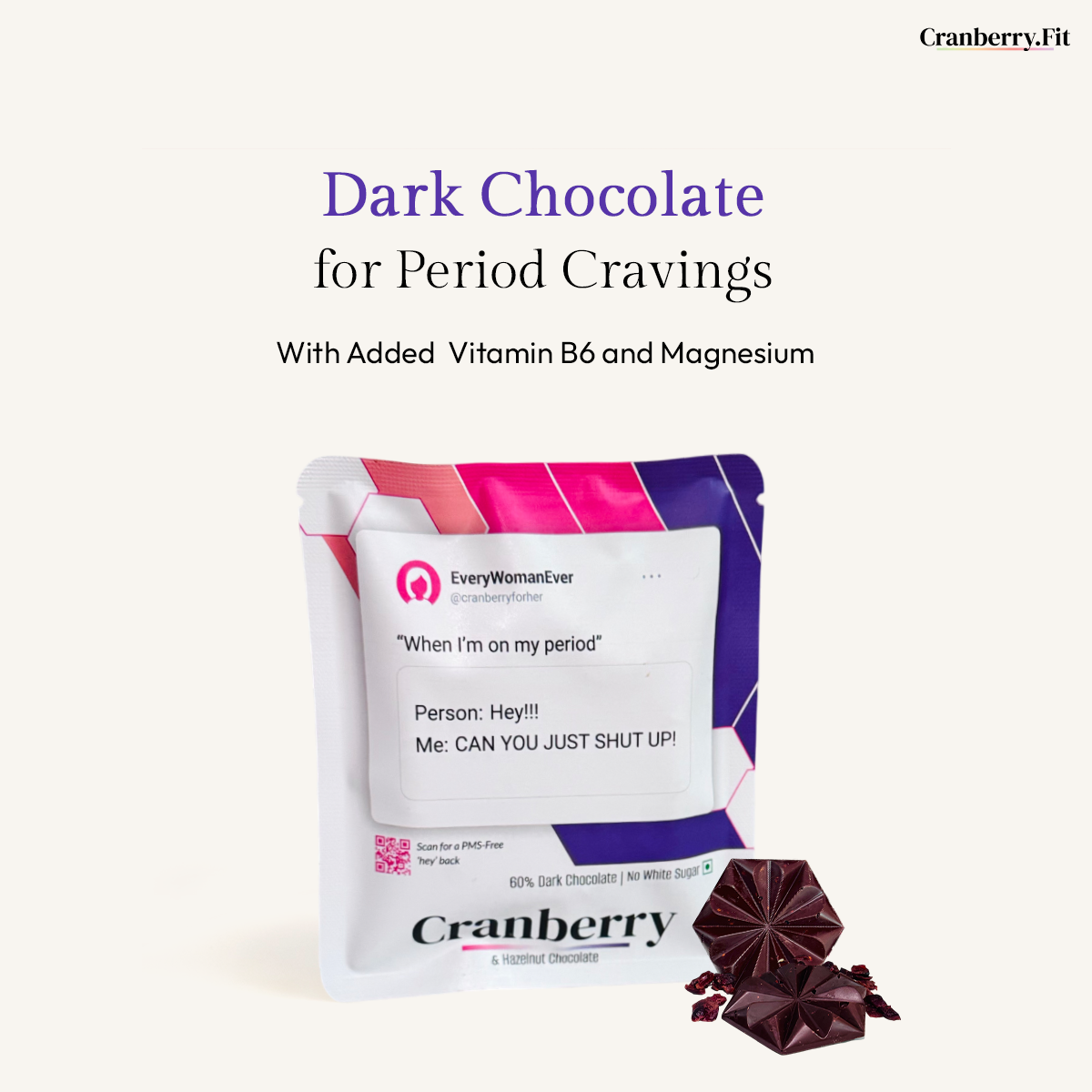 60% Dark Chocolate with Vit B6 and Magnesium | Cranberry & Hazelnut | Pack of 3 | 56 gm Each